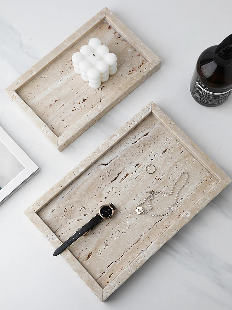 Travertine Tray Oval - Minimalism ถาดหินอ่อนสําหรับน้ําหอมเทียนเครื่องประดับ Travertine หินถาดโต๊ะเครื่องแป้งสําหรับ Dresser Countertop