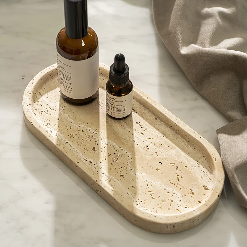 Travertine Tray Oval - ถาดหินอ่อนสำหรับวางของในห้องน้ำ โต๊ะเครื่องแป้ง และอ่างล้างจานในครัว ถาดหินอ่อนหรูหราสำหรับใส่เครื่องประดับ เครื่องสำอาง และน้ำหอม