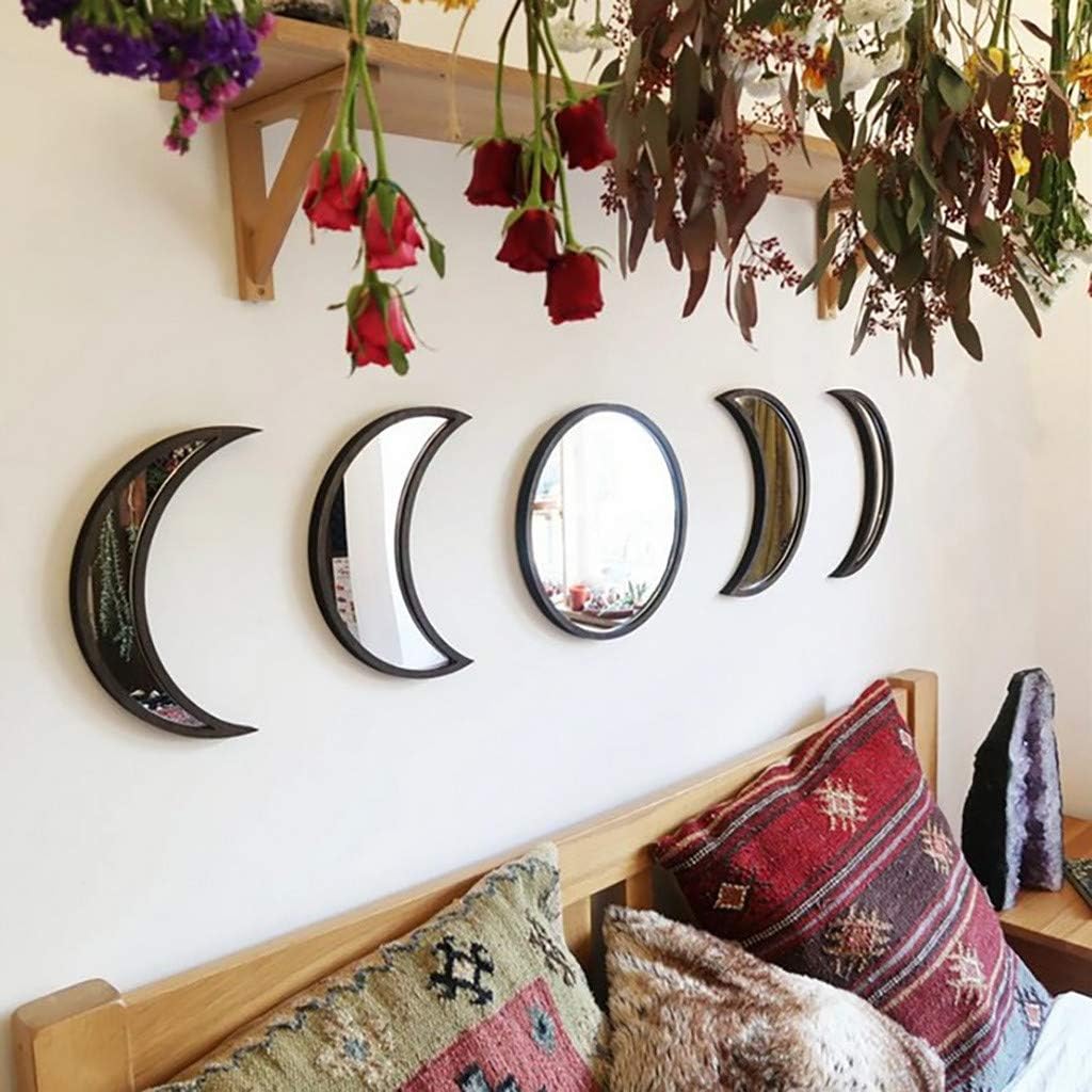 Interior Design Scandinavian - ของตกแต่งผนังอะคริลิกสไตล์สแกนดิเนเวียน 5 ชิ้น ของตกแต่งภายในบ้าน กระจกเงาลายดวงจันทร์ไม้ ของตกแต่งผนังสไตล์โบฮีเมียน