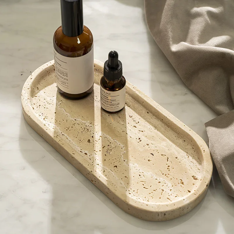 Travertine Tray Oval - ถาดหินอ่อนทรงรีสำหรับวางบนโต๊ะเครื่องแป้งในห้องน้ำและอ่างล้างจานในครัว จานหินอ่อนหรูหราสำหรับใส่เครื่องประดับ เครื่องสำอาง และน้ำหอม HQ225