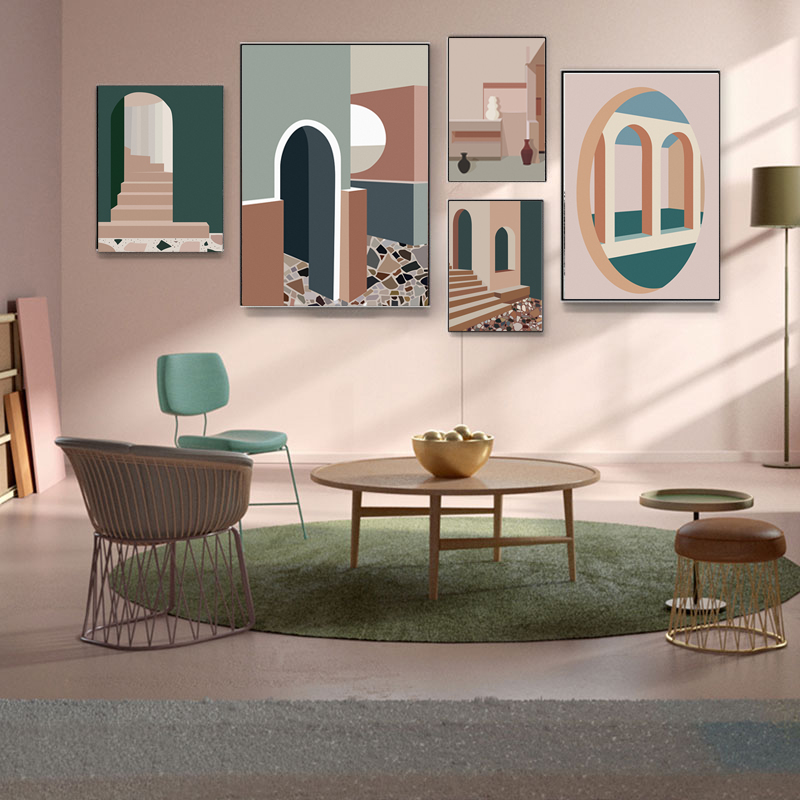 Interior Design Build - Retro Morandi อาคารผ้าใบศิลปะอะนิเมะโปสเตอร์บทคัดย่อที่มีสีสันการออกแบบภายในภาพวาดสําหรับห้องนอน Living Room Decor