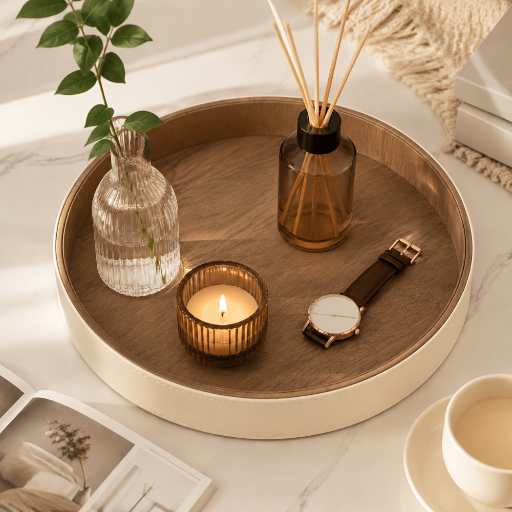 Travertine Tray Oval - ถาดทรงกลมหนัง PU สำหรับจัดเก็บของ, ของตกแต่งบ้านสไตล์อบอุ่น ถาดจัดเก็บอเนกประสงค์ ชั้นวางของสำหรับครอบครัว
